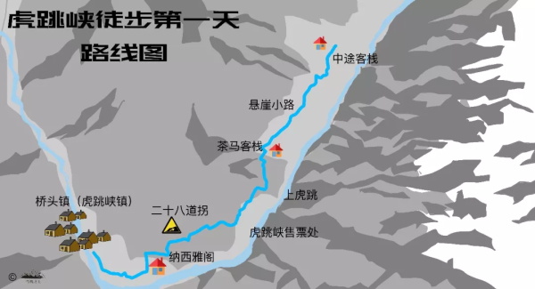 第一天:虎跳峡徒步起点—纳西雅阁—28道拐—茶马客栈—halfway(中途