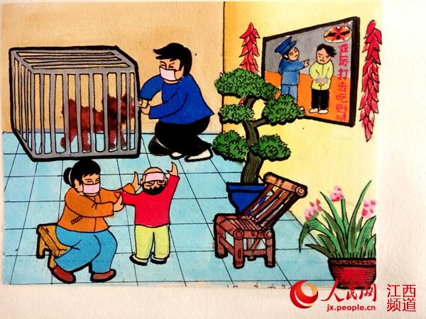 防疫宣传我来画！芦溪农民画家连夜绘制农民画  周炳涛 摄