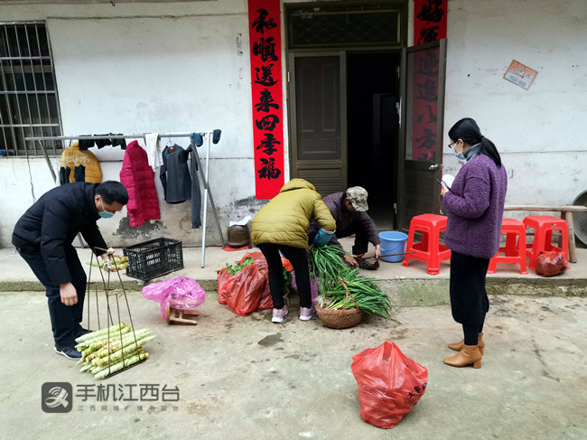 靖安县香田乡吉洛村第一书记徐小兰在贫困户张小东家取蔬菜，然后进行配送。