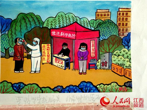 防疫宣传我来画！芦溪农民画家连夜绘制农民画  周炳涛 摄