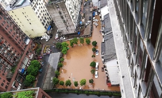 新余市渝水区城区内涝严重，车辆被淹。