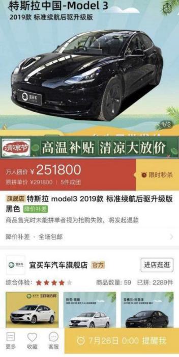 拼多多为特斯拉Model 3提供补贴。页面截图