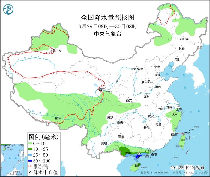 全国降水量预报图(9月29日08时-30日08时)