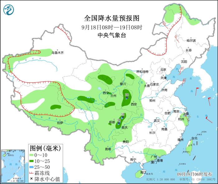 图1 全国降水量预报图(9月18日08时-19日08时)