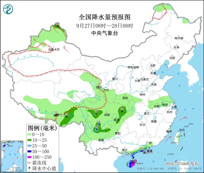 全国降水量预报图(9月27日08时-28日08时)