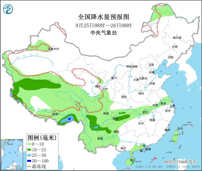 全国降水量预报图(9月25日08时-26日08时)