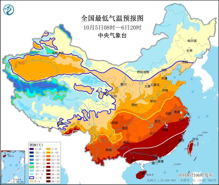 图2 全国最低气温预报图(10月5日08时-6日20时)