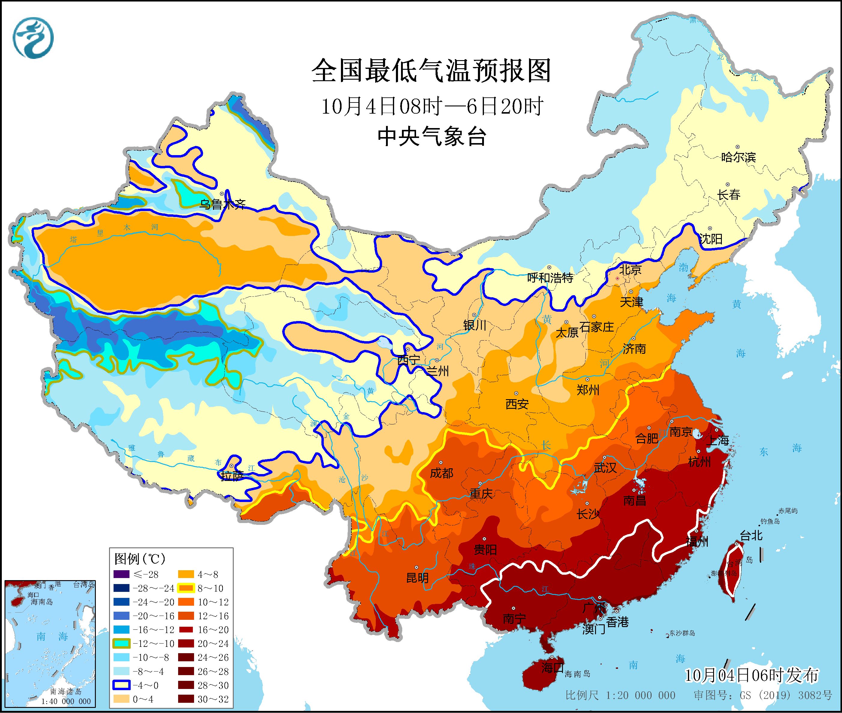 全国最低气温预报图(10月4日08时-6日20时)