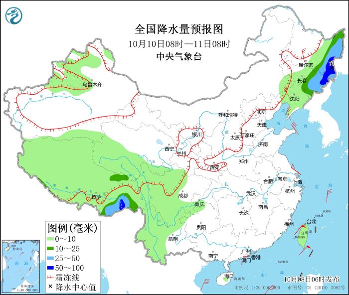 全国降水量预报图(10月10日08时-11日08时)