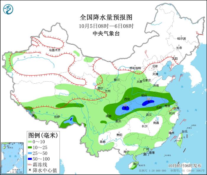 图3 全国降水量预报图(10月5日08时-6日08时)