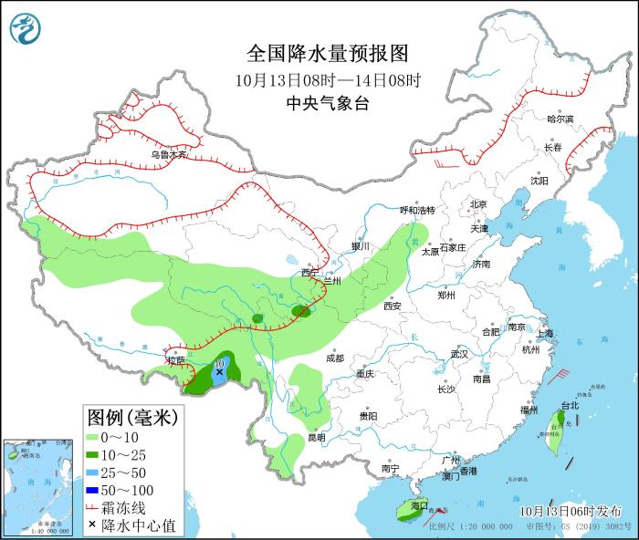 全国降水量预报图(10月13日08时-14日08时)