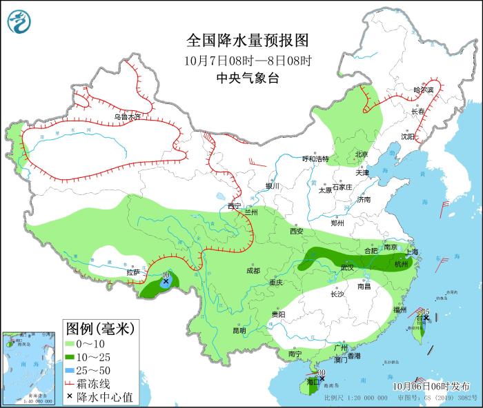 全国降水量预报图(10月7日08时-8日08时)。图片来源：中央气象台网站