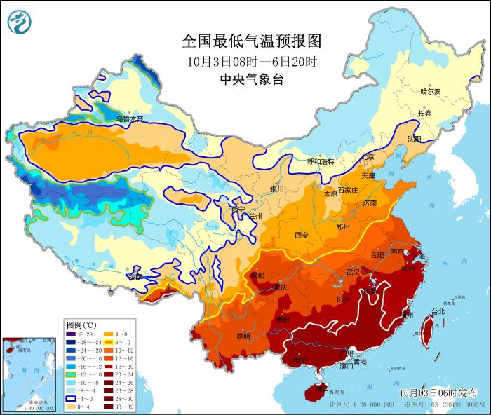 全国最低气温预报图(10月3日08时-6日20时)