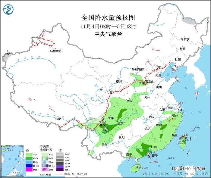 全国降水量预报图(11月4日08时-5日08时)