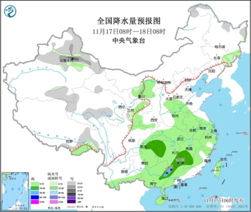 图3 全国降水量预报图(11月17日08时-18日08时)