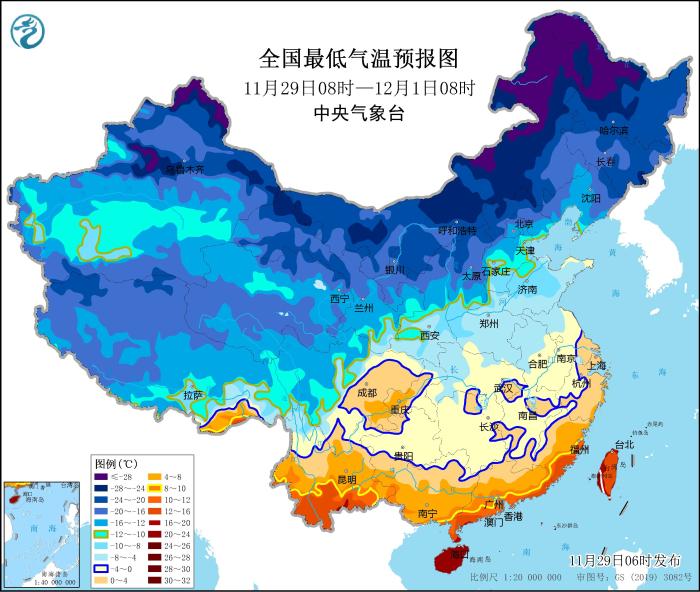 图2 全国最低气温预报图(11月29日08时-12月1日08时)