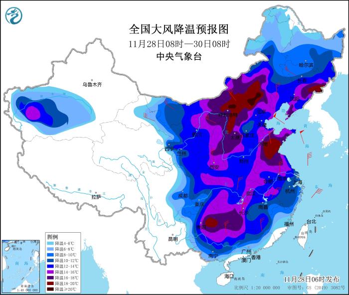 图3 全国大风降温预报图(11月28日08时-30日08时)