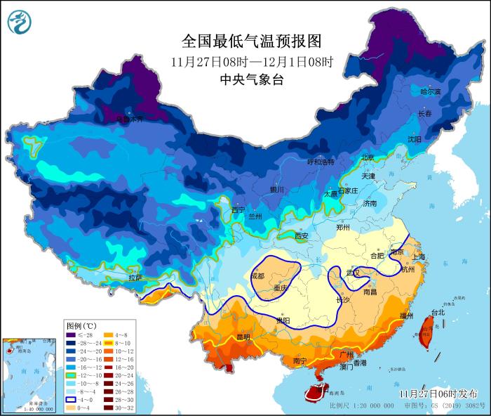 全国最低气温预报图(11月07日08时-12月1日08时)