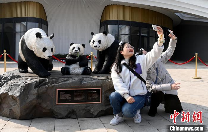 游客在熊猫纪念碑前拍照留念。　安源 摄