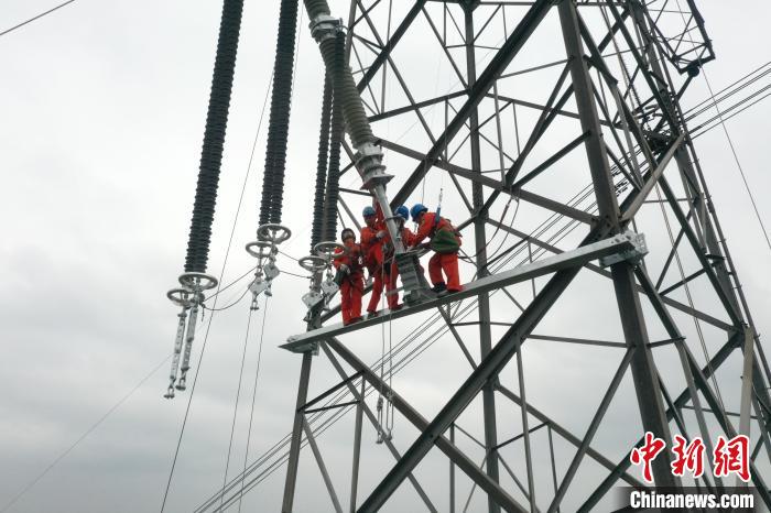 高空作业人员对复奉线进行避雷器加装作业。　李涛 摄