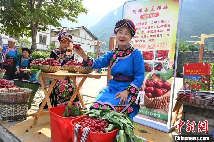 村民在街边销售甜樱桃。　安源 摄