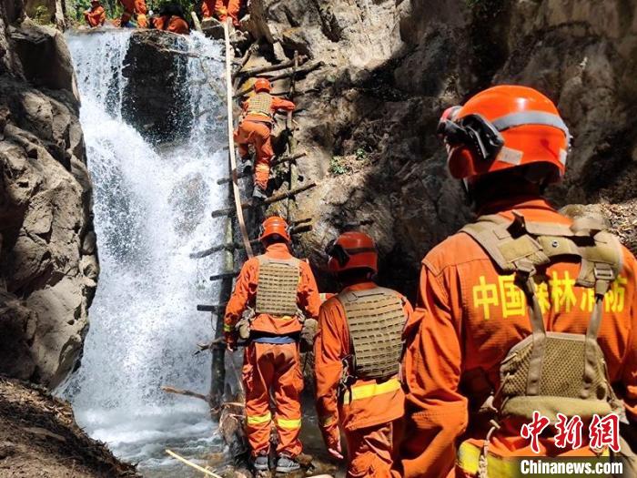 森林消防员通过搭建的木梯前往火场。　四川森林消防供图