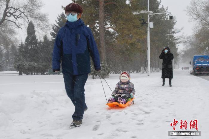 11月19日，黑龙江省哈尔滨市迎来大暴雪天气，虽给当地市民交通出行带来不便，但也营造了银装素裹的冬季美景。图为一名孩童雪中坐爬犁。
中新社记者 吕品 摄