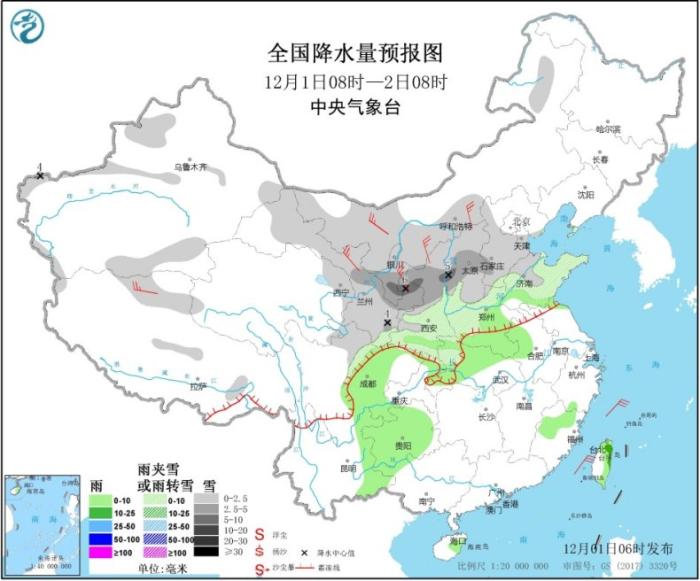 全国降水量预报图(12月1日08时-2日08时)