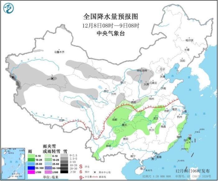 全国降水量预报图(12月8日08时-9日08时)