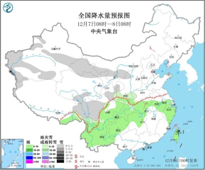 全国降水量预报图(12月7日08时-8日08时)