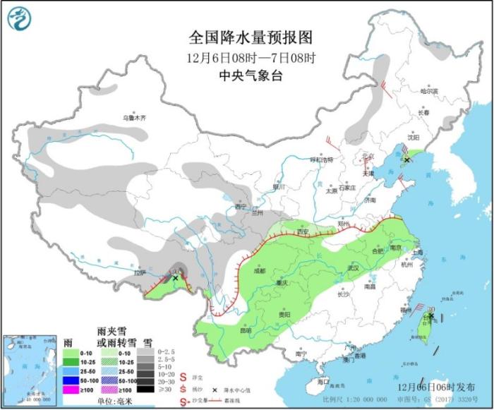 全国降水量预报图(12月6日08时-7日08时)