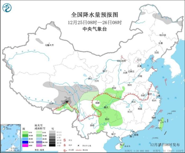 图3 全国降水量预报图(12月25日08时-26日08时)