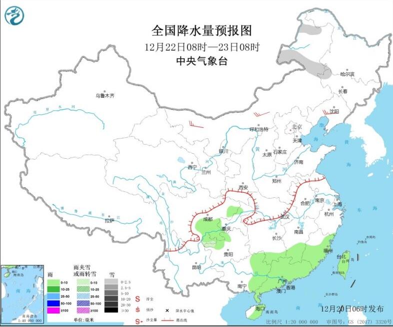 全国降水量预报图(12月22日08时-23日08时)