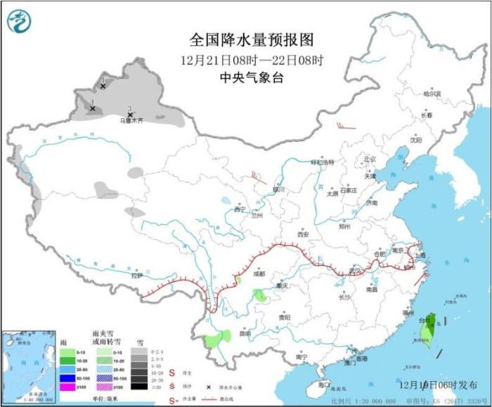 全国降水量预报图(12月21日08时-22日08时)