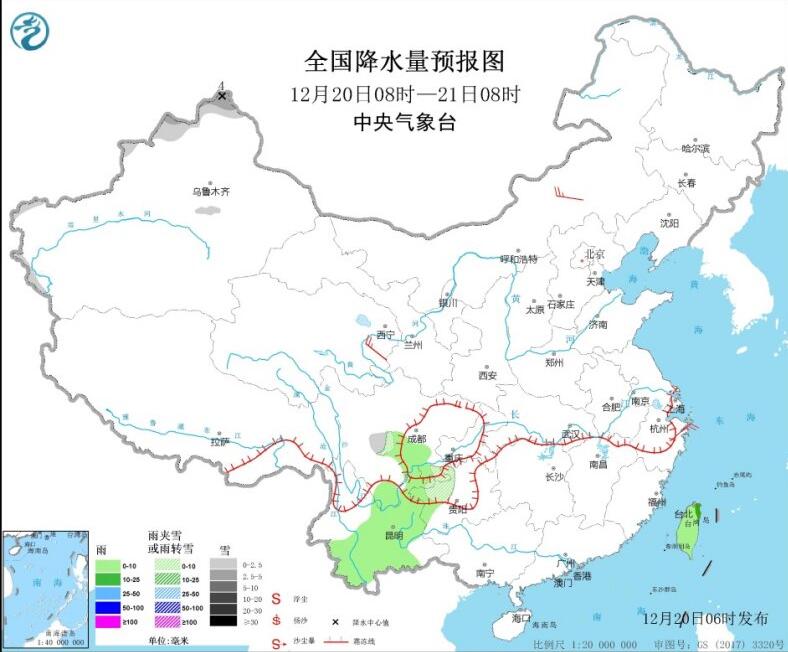 全国降水量预报图(12月20日08时-21日08时)