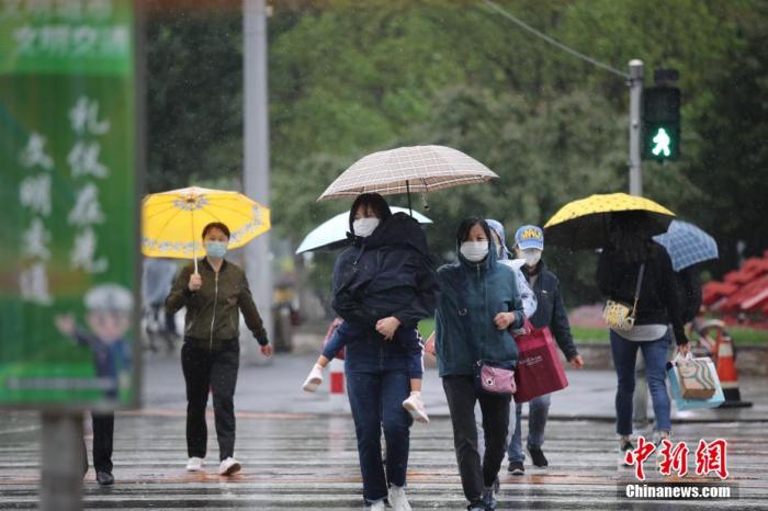 资料图：市民冒雨出行。 于海洋 摄