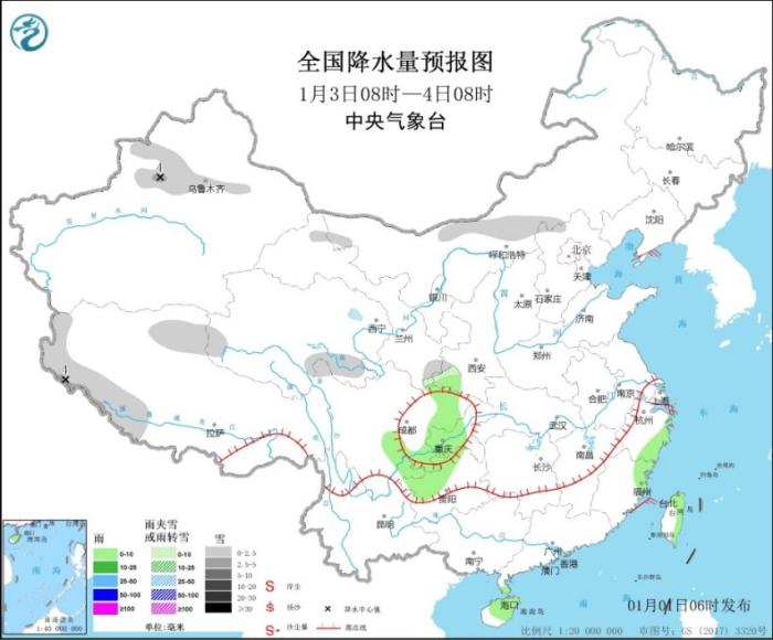 全国降水量预报图(1月3日8时-4日8时)

