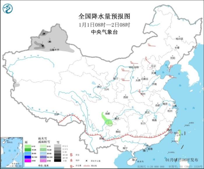 全国降水量预报图(1月1日8时-2日8时)

