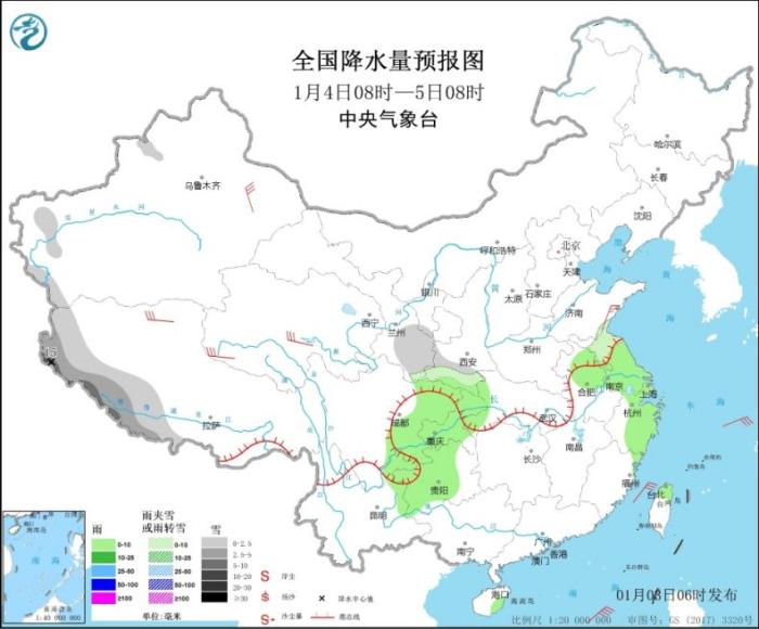 全国降水量预报图(1月4日08时-5日08时)