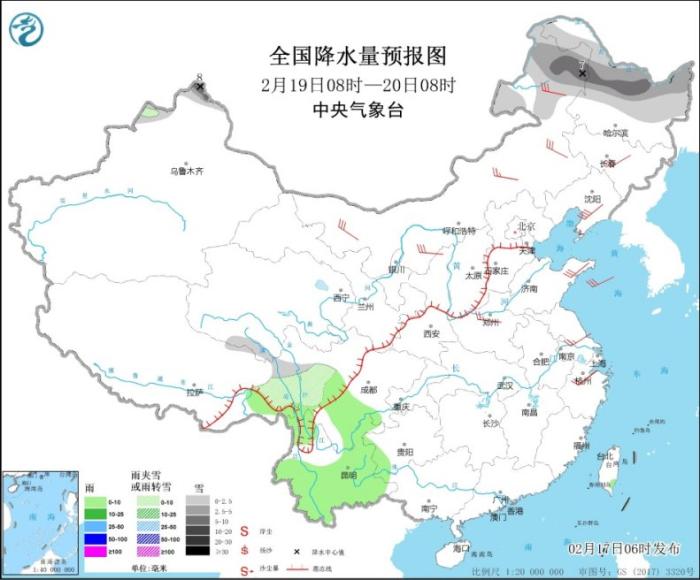 全国降水量预报图(2月19日08时-20日08时)