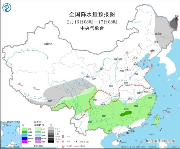 全国降水量预报图(2月16日08时-17日08时)