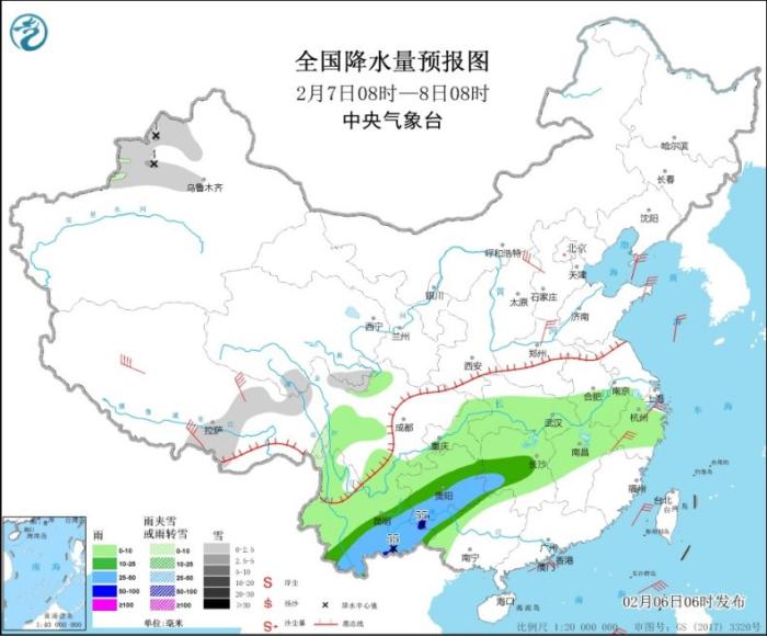 全国降水量预报图(2月7日08时-8日08时)