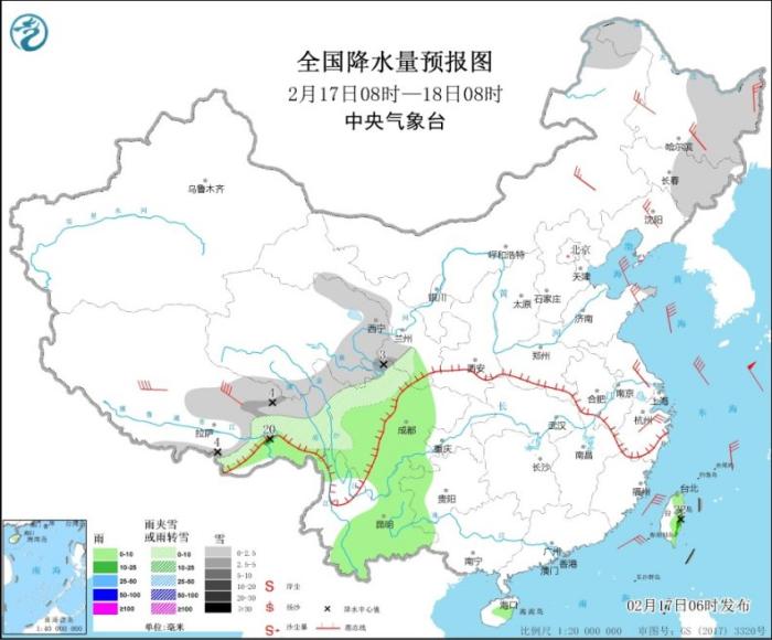 全国降水量预报图(2月17日08时-18日08时)