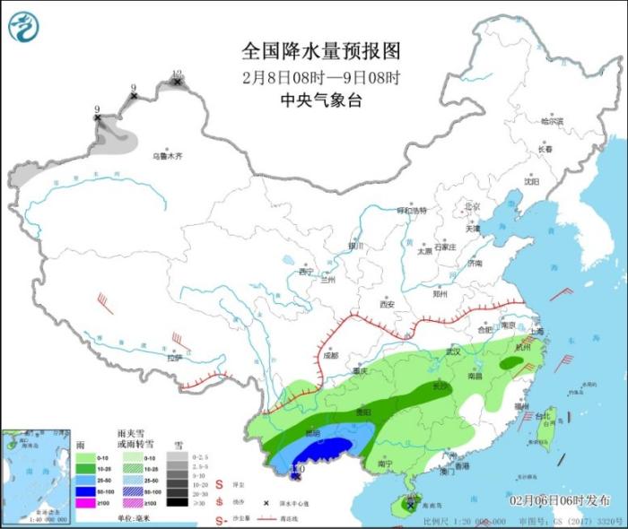 全国降水量预报图(2月8日08时-9日08时)