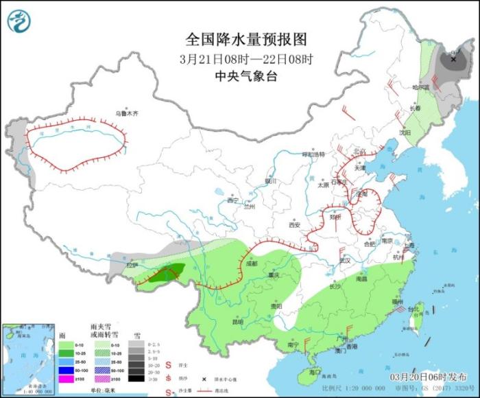 全国降水量预报图(3月21日08时-22日08时)