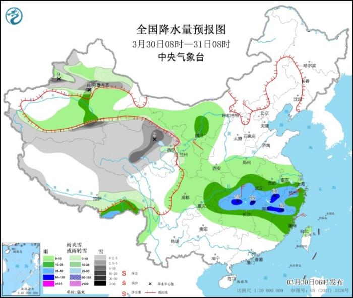 全国降水量预报图(3月30日08时-31日08时)