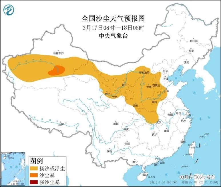 全国沙尘天气预报图(3月17日08时-18日08时) 来源：中央气象台