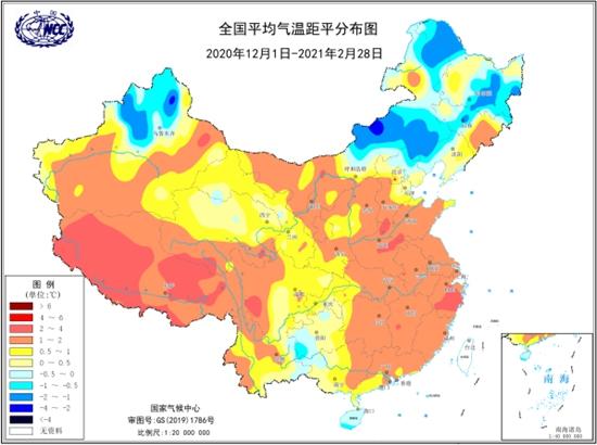 2020/2021年冬季全国平均气温距平分布图