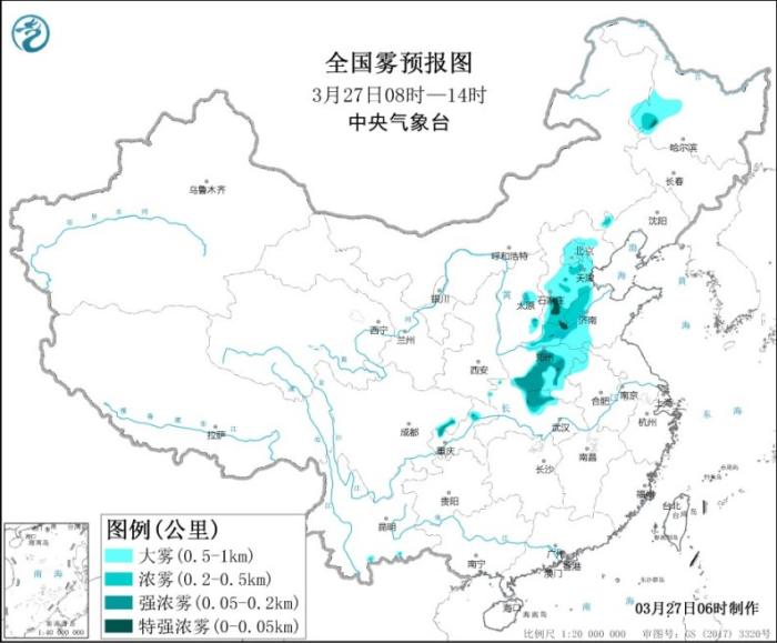 全国雾预报图(3月27日08时-27日14时)