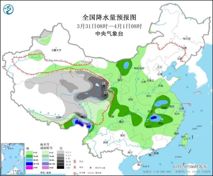 全国降水量预报图(3月31日08时-4月1日08时)